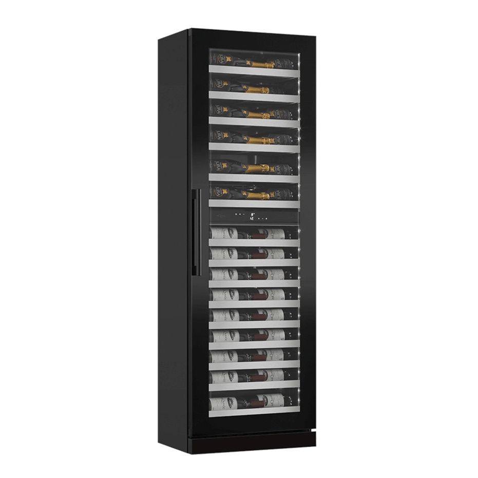 mQuvée WineCave Slim 182D - 57 Bottles - Tall Wine Fridge - Anthracite Black - Label-view