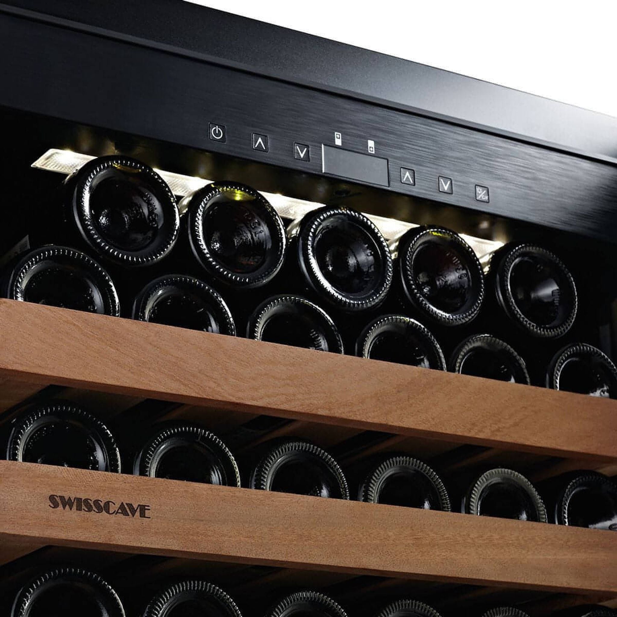 SWISSCAVE Premium - 600mm Dual Zone - 152 Bottle - Freestanding / Built in Wine Cooler - WLB460DFL-MIX - Sapele Shelving